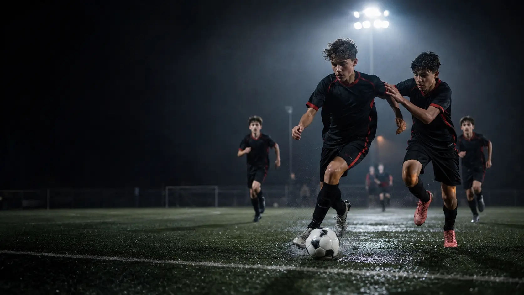Generic youth soccer match under floodlights
